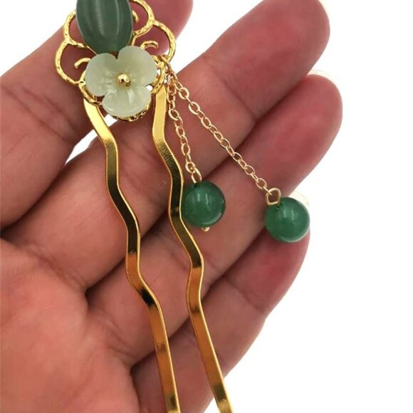 Jade Flower Hair Pins Women Girls Hair Stick Retro Hanfu U Shape Accessories - Picture 6 of 9